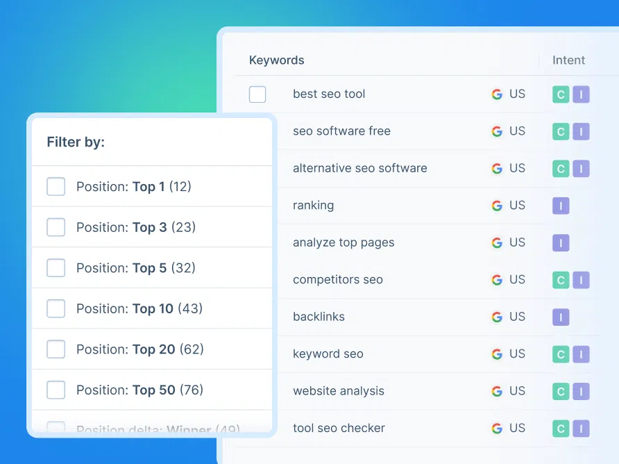 Seobility Ranking Monitoring keyword list with search-intent labels and filters for ranking positions