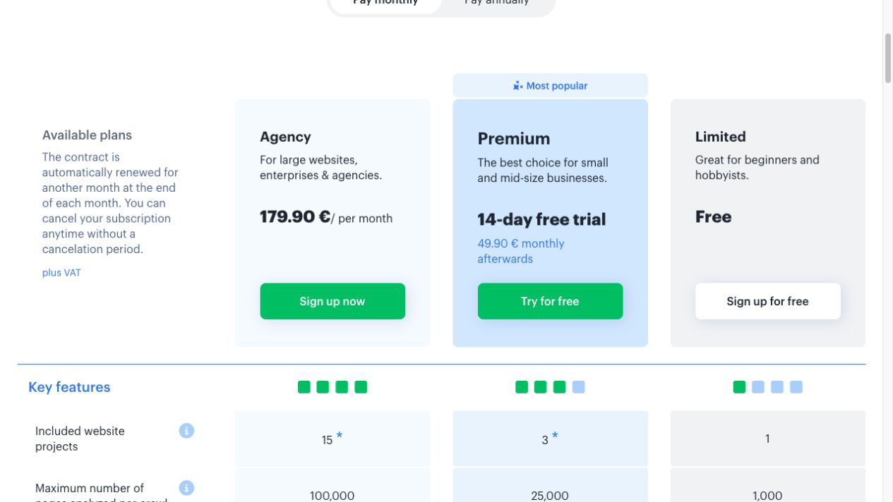Seobility pricing page shows Premium at 49.90 euros monthly after the trial, alongside Agency and the free plan.