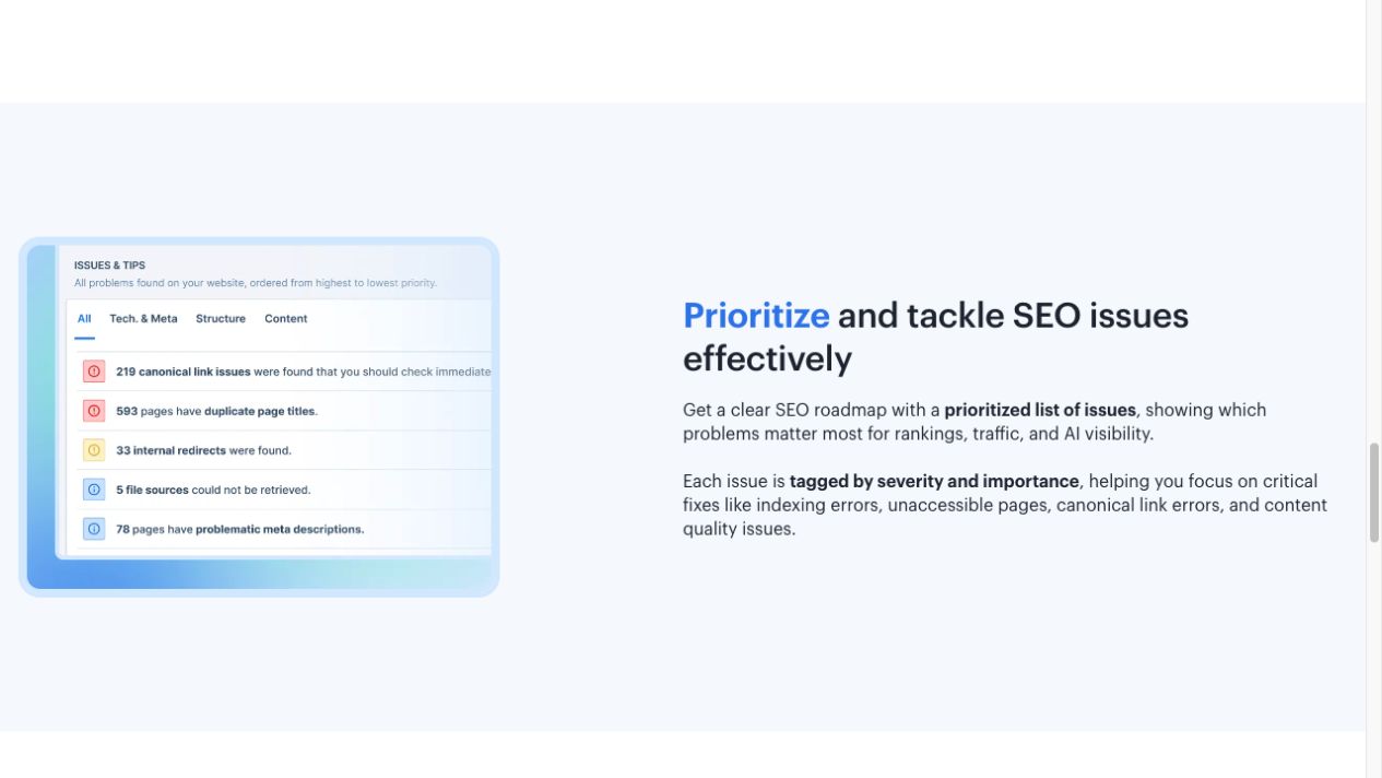 Seobility's official audit illustration lists website issues by priority.